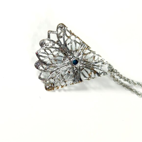 Vintage Style Silver-Tone Filigree Pendant Necklace With Turquoise Accent - Picture 5 of 6